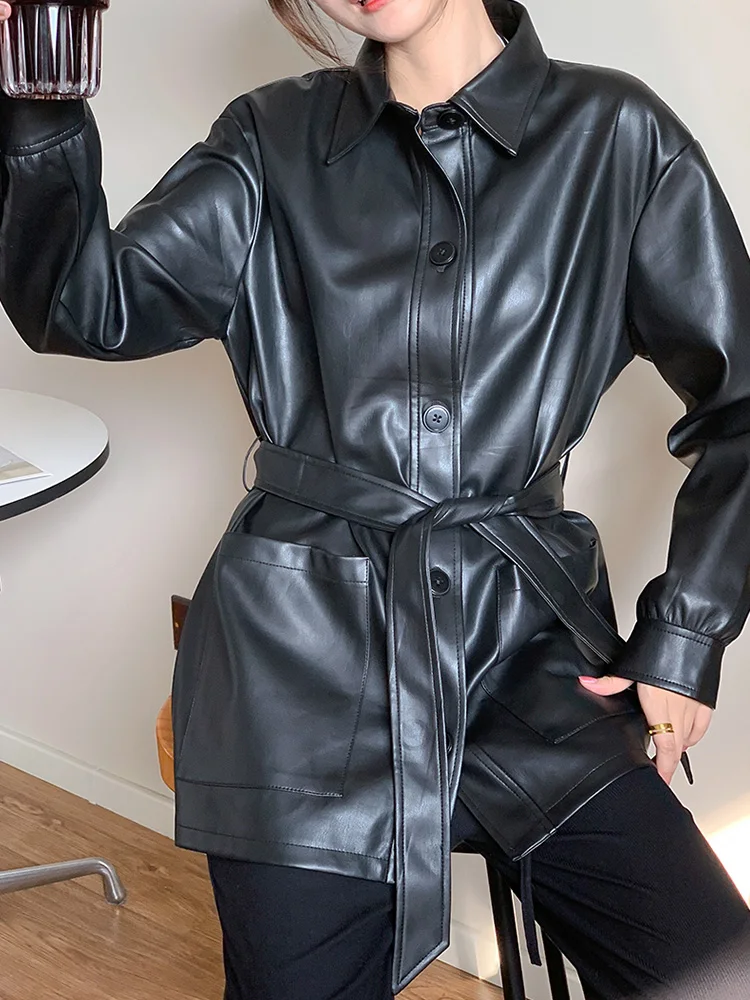 Aoottii Spring Autumn Women Streetwear Pu Faux Leather Long Jacket with Belt Moto Biker Female Single Breasted Coat Outwear
Aoottii Spring Autumn Women Streetwear Pu Faux Leather Long Jacket with Belt Moto Biker Female Single Breasted Coat Outwear