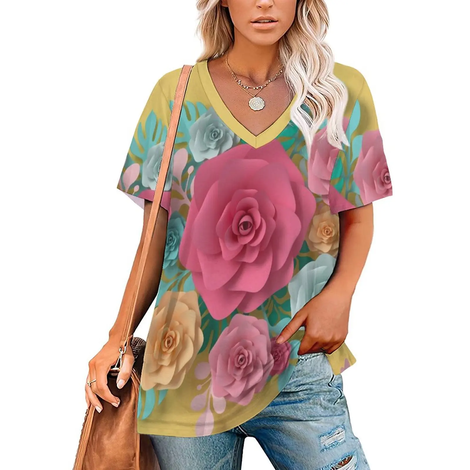 V Neck Short-sleeve Women Shirt Printed Paper Flower Design 3D Women Print T-shirt
V Neck Short-sleeve Women Shirt Printed Paper Flower Design 3D Women Print T-shirt
