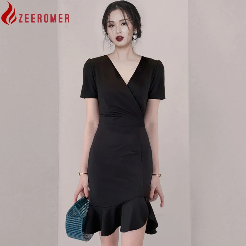 ZEEROMER Vintage Black Short Sleeve Ruffles Mermaid Dress 2022 Summer Elegant V-Neck Office OL Slim Party Dress Vestidos
ZEEROMER Vintage Black Short Sleeve Ruffles Mermaid Dress 2022 Summer Elegant V-Neck Office OL Slim Party Dress Vestidos