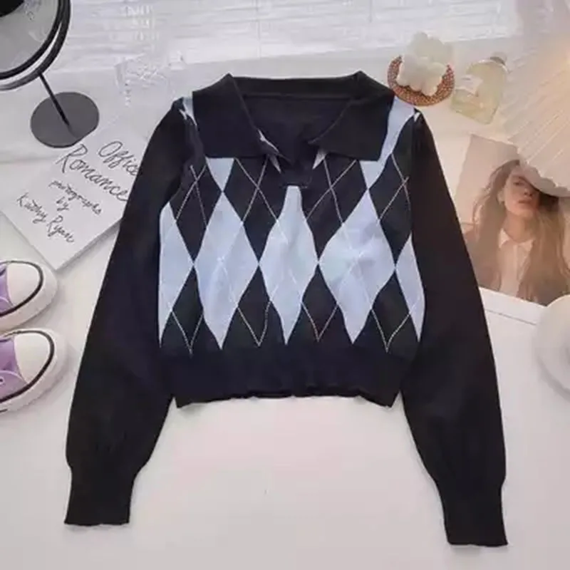 Pull Femme Hiver 2022 Knitted Sweater Women Pullover Plaid Turn-down Collar Crop Top Long Sleeve Korean Clothes Autumn Winter
Pull Femme Hiver 2022 Knitted Sweater Women Pullover Plaid Turn-down Collar Crop Top Long Sleeve Korean Clothes Autumn Winter