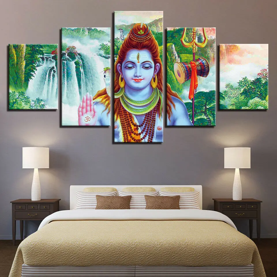 

No Framed Lord Shiva Meditation Forest Waterfall 5 Pieces Wall Art Canvas Posters Paintings for Living Room Home Decor Pictures