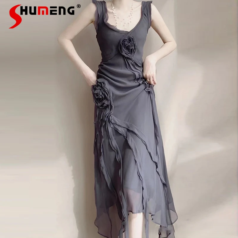 

Socialite Asymmetric Sling Dress Summer 2022 New Elegance Sleeveless Line Cut Rose Decorative Long Suspender Dresses Female