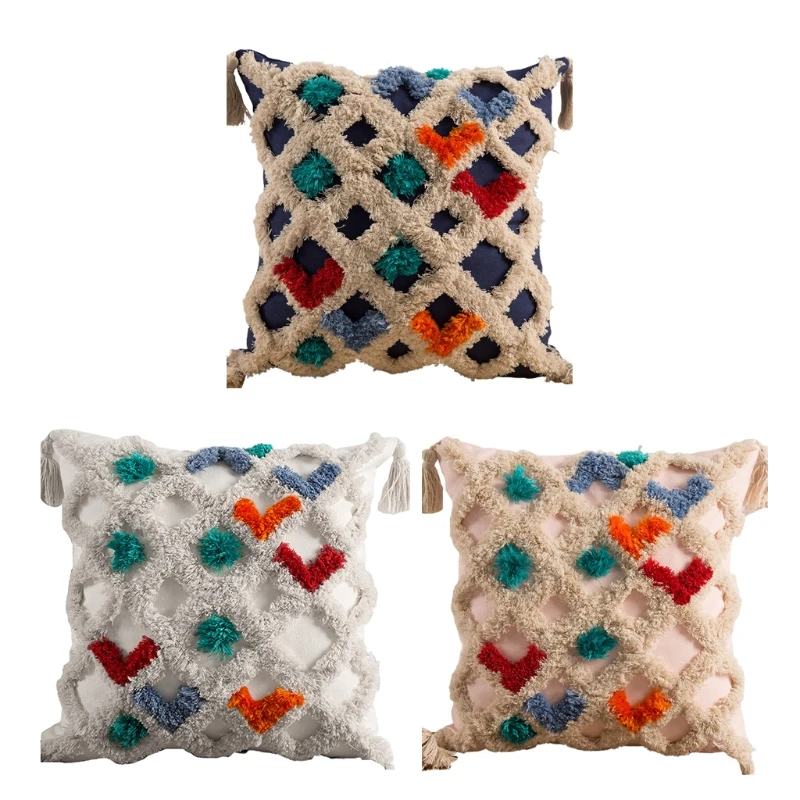 

Boho Woven Tufted Multicolor Plaid Pillow for CASE Tassels Textured Cushion Cove