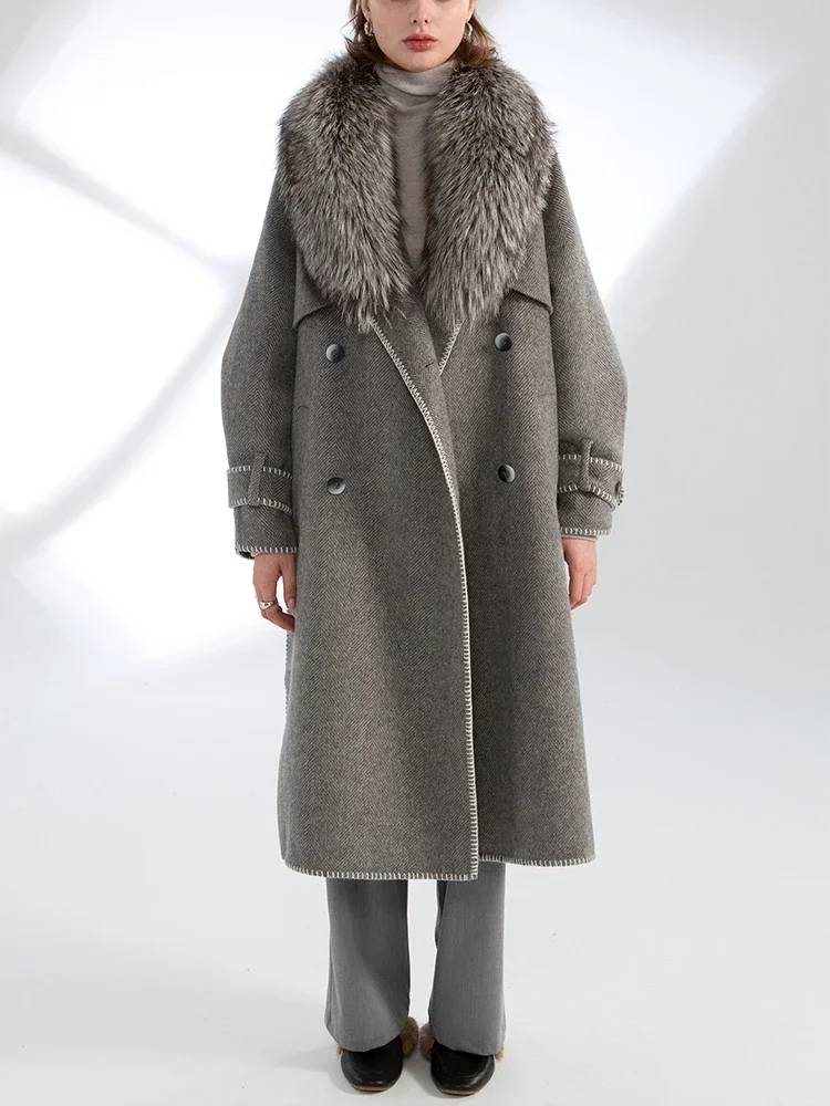 

Женское шерстяное пальто с поясом, длинное приталенное пальто с воротником из натурального Лисьего меха, верхняя одежда из 100% шерсти