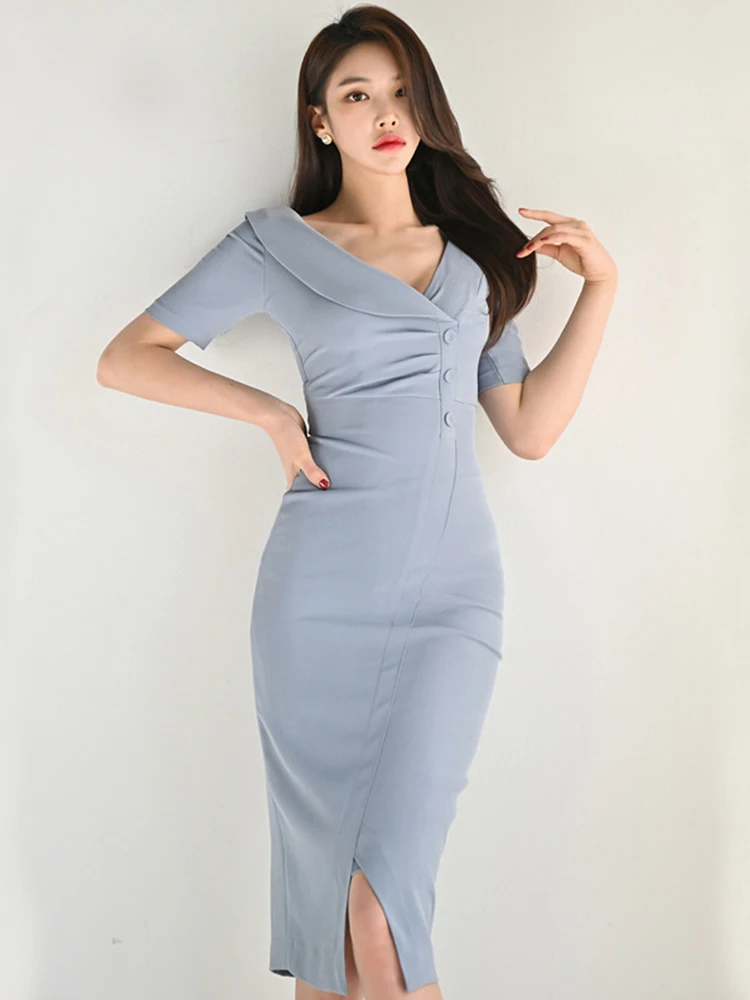 Элегантное офисное женское платье, элегантное облегающее платье с глубоким V-образным вырезом и коротким рукавом, со складками и разрезом, ж...
Элегантное офисное женское платье, элегантное облегающее платье с глубоким V-образным вырезом и коротким рукавом, со складками и разрезом, ж...