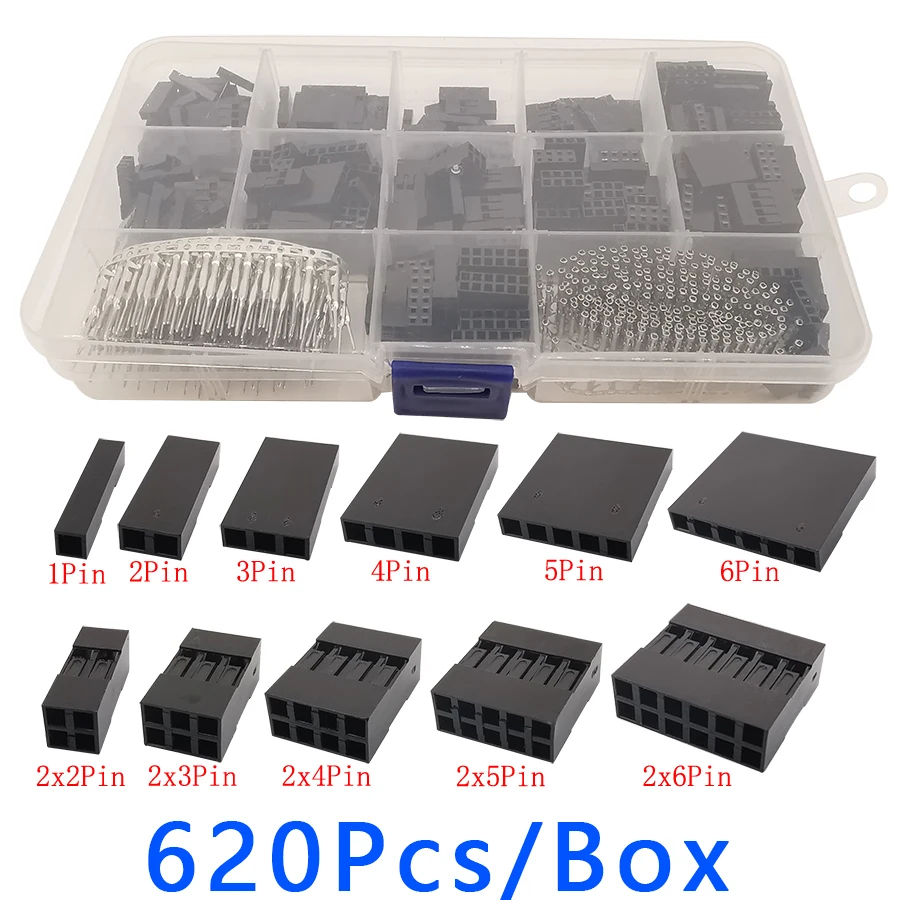 620Pcs/Box 2.54mm Dupont Connector 1-6P 2x2-6Pin Jumper Wire Pin Header Housing Kit Male Crimp Pin+Female Pin Terminal Connector
620Pcs/Box 2.54mm Dupont Connector 1-6P 2x2-6Pin Jumper Wire Pin Header Housing Kit Male Crimp Pin+Female Pin Terminal Connector