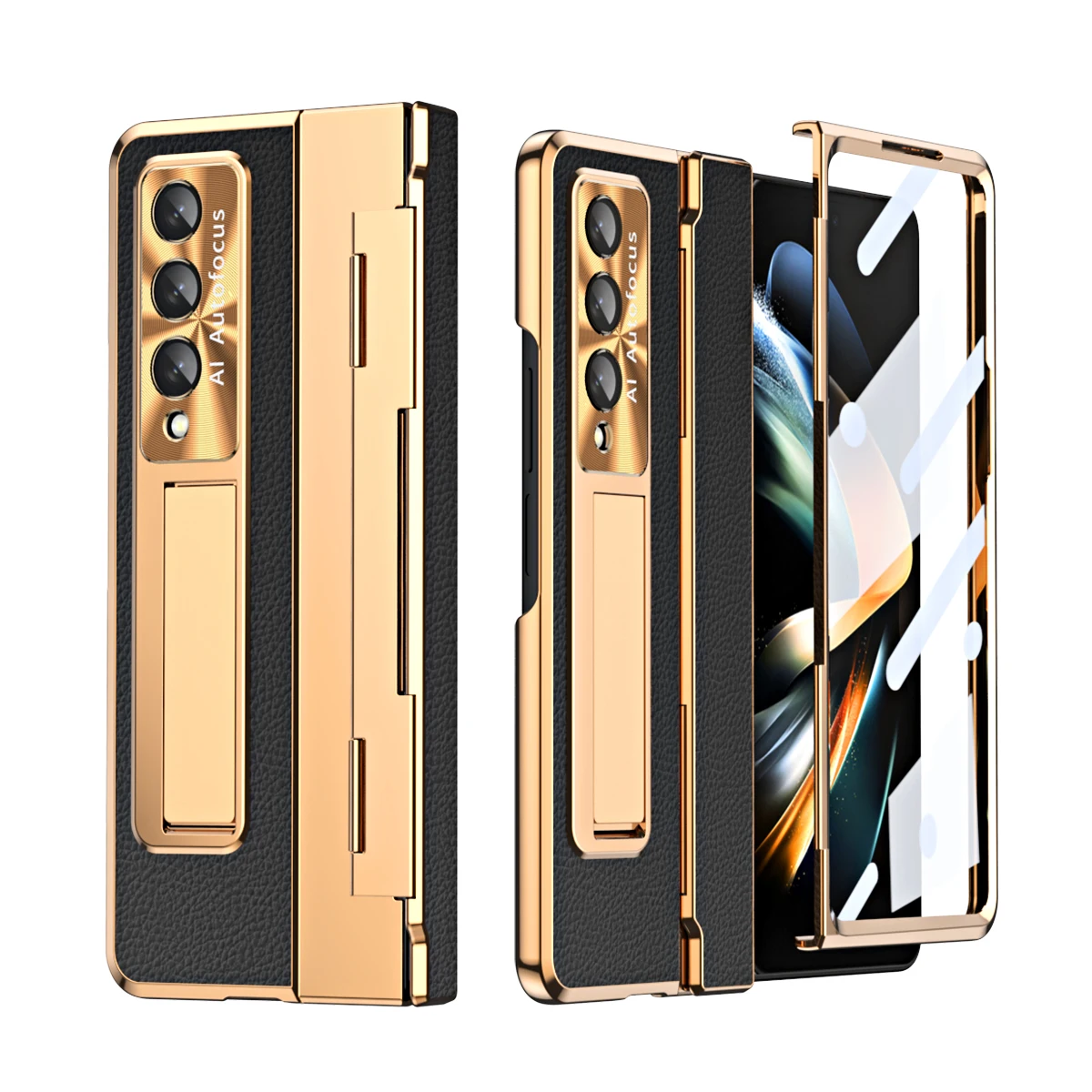 

Lychee Patterned Leather Case For Samsung Galaxy Z Fold 4 Z Fold 3 5G Hinge Full Protection with Toughened Glass Kickstand Cover
