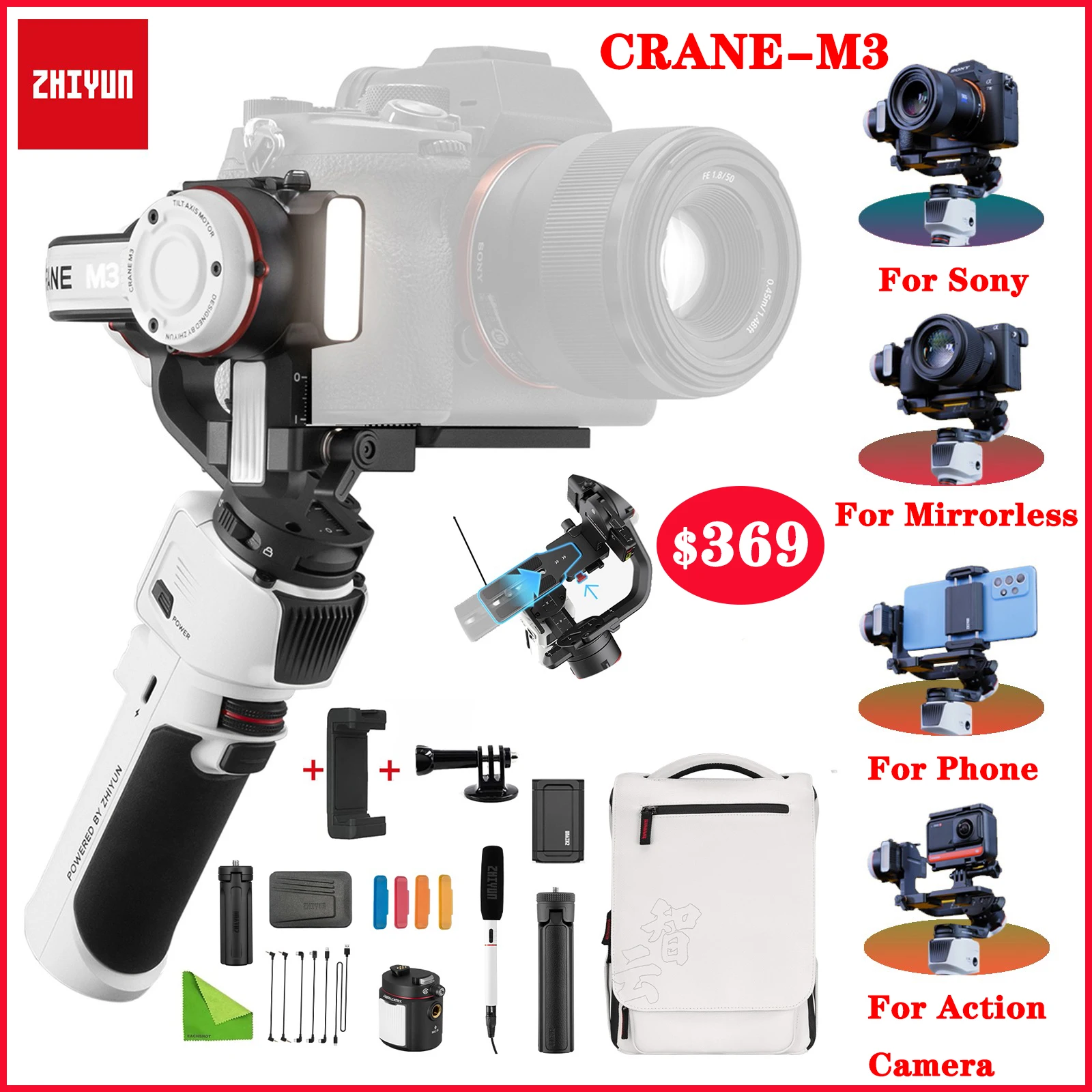 

Zhiyun Crane M3 3-Axis Handheld Gimbal Stabilizer for Mirrorless Cameras Sony A7III A6600 Gopro Hero10/9/8,iPhone 13 12 Pro Max