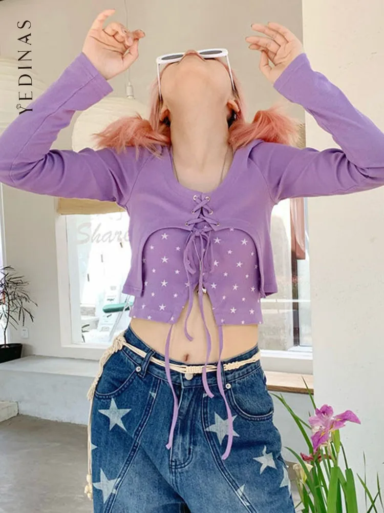 Yedinas Lace Up Two Piece T Shirt Women +Halter Top Long Sleeve Korean Style Purple Kawaii Tee Shirt Femme Streetwear Autumn
Yedinas Lace Up Two Piece T Shirt Women +Halter Top Long Sleeve Korean Style Purple Kawaii Tee Shirt Femme Streetwear Autumn