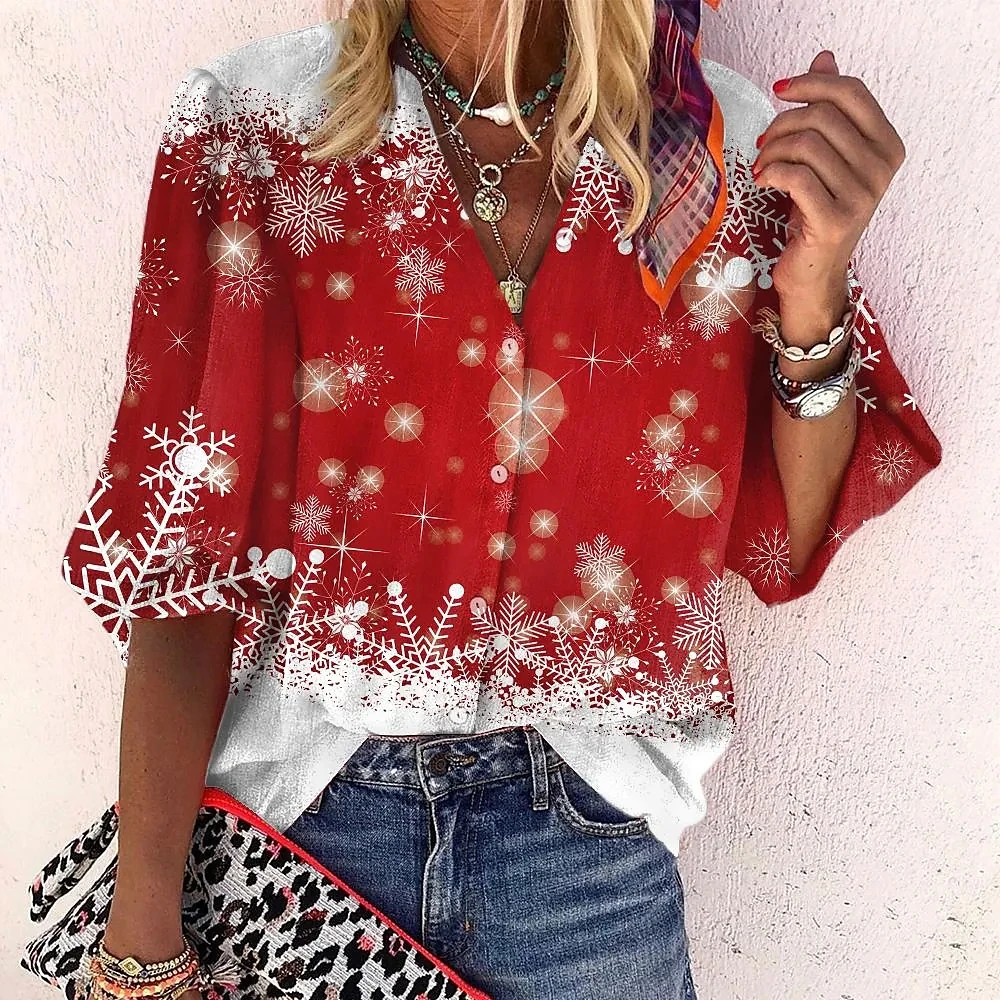 2022 Women's Gift Blouse Shirt Snowflake Long Sleeve Button Print Standing Collar Casual Streetwear Tops
2022 Women's Gift Blouse Shirt Snowflake Long Sleeve Button Print Standing Collar Casual Streetwear Tops