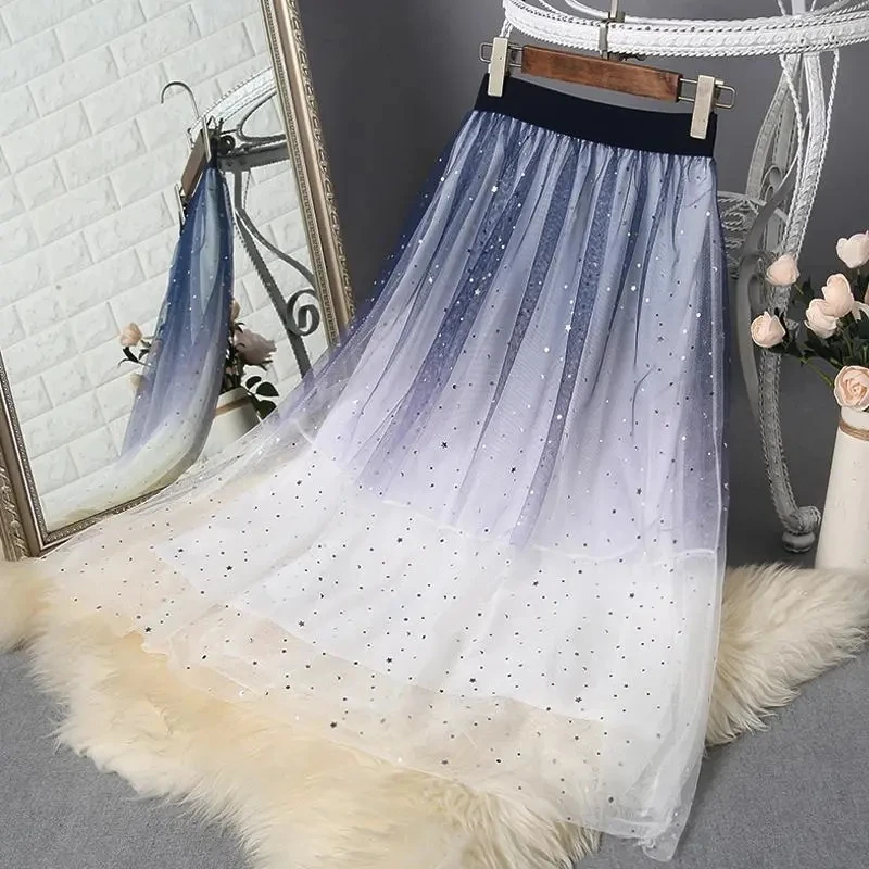 2023 Spring Summer New Gradient Mesh Skirt Women Clothing Elegant Pretty Starry Sky Pleated A-line Skirts Girls BC329
2023 Spring Summer New Gradient Mesh Skirt Women Clothing Elegant Pretty Starry Sky Pleated A-line Skirts Girls BC329