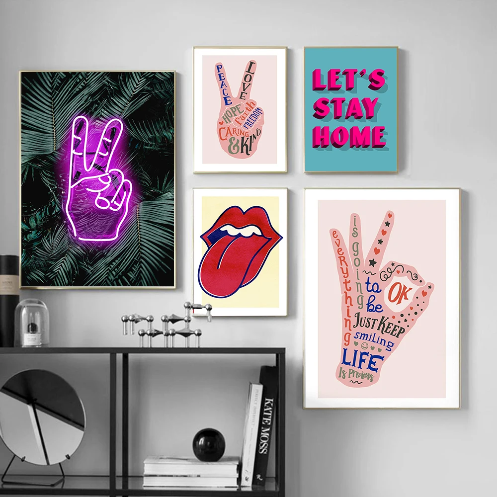 

Peace And Love Sign Fingers Neon Art Print Inspirational Quote Wall Canvas Painting Red Lips Stay Home Rock Poster Fashion Mural