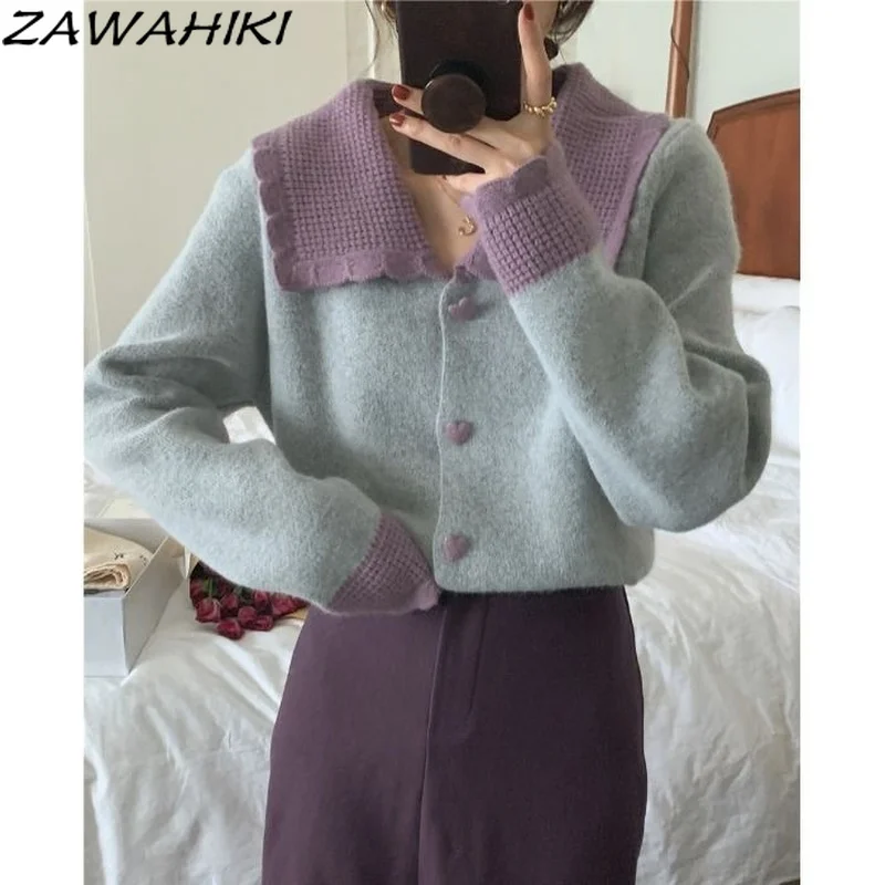 ZAWAHIKI Long Sleeve Turn Down Collar Casual Contrast Color Sweater Cardigan 2021 New Fashion All Match Knit Tops Loose Sweaters
ZAWAHIKI Long Sleeve Turn Down Collar Casual Contrast Color Sweater Cardigan 2021 New Fashion All Match Knit Tops Loose Sweaters