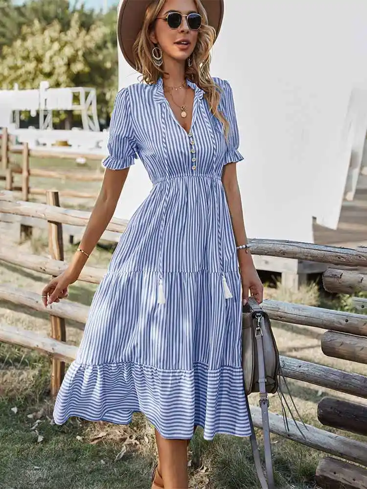 Striped Long Dress Women Elegant Summer Causal Short Sleeve Tassel Midi Long Dresses Sexy V Neck Button Sundress Robe Femme
Striped Long Dress Women Elegant Summer Causal Short Sleeve Tassel Midi Long Dresses Sexy V Neck Button Sundress Robe Femme