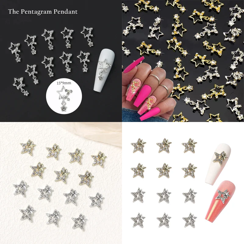 

10pcs/5pcs Luxury Alloy Pentagram Nail Art Charms 3D Inlaid Diamond Star Rhinestones Nail Decorations DIY Accessories Supplies
