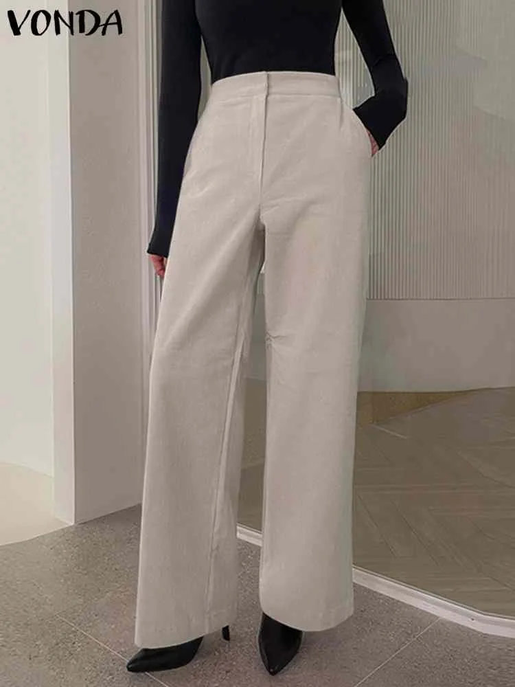 

VONDA Elegant Corduroy Pants 2023 Women High Waist Zipper Long Trousers Casual Loose Solid Color Straight Pantalones Streetwear