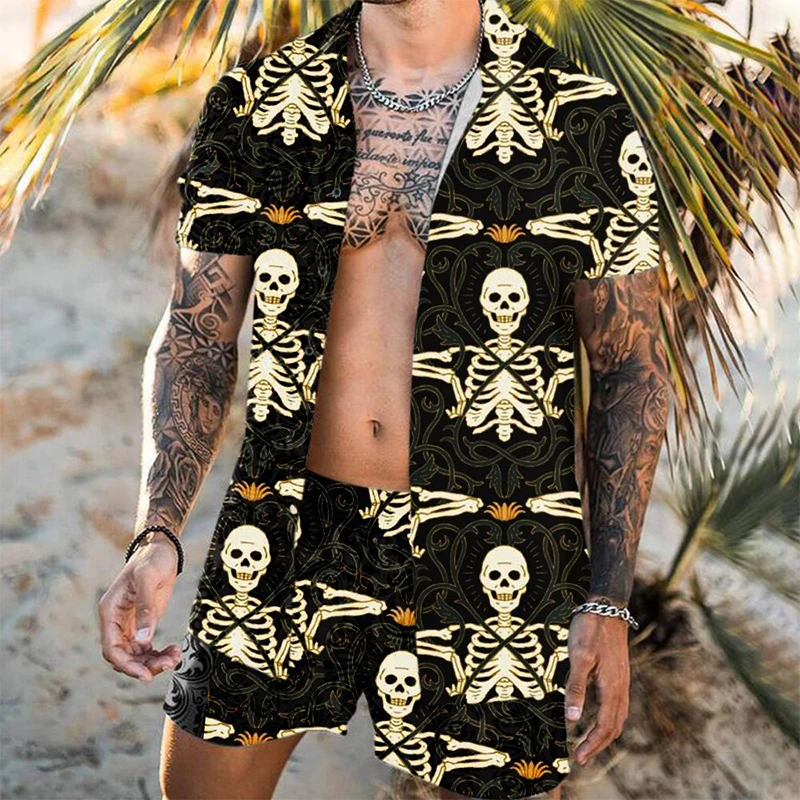 Men Hawaiian Sets Summer Skull Print Short Sleeve Button Shirt Beach Shorts Holiday Men's Two Piece Suit Cardigan High Quality 
Men Hawaiian Sets Summer Skull Print Short Sleeve Button Shirt Beach Shorts Holiday Men's Two Piece Suit Cardigan High Quality