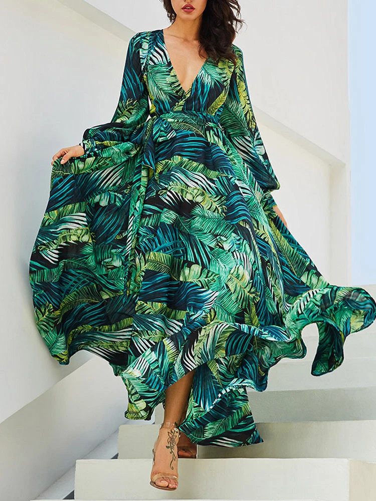 Tropical Print Bohemian Dresses For Women Summer V-neck Lantern Sleeve Maxi Dress Sexy Lady Long Dress Women Beach Vestido
Tropical Print Bohemian Dresses For Women Summer V-neck Lantern Sleeve Maxi Dress Sexy Lady Long Dress Women Beach Vestido