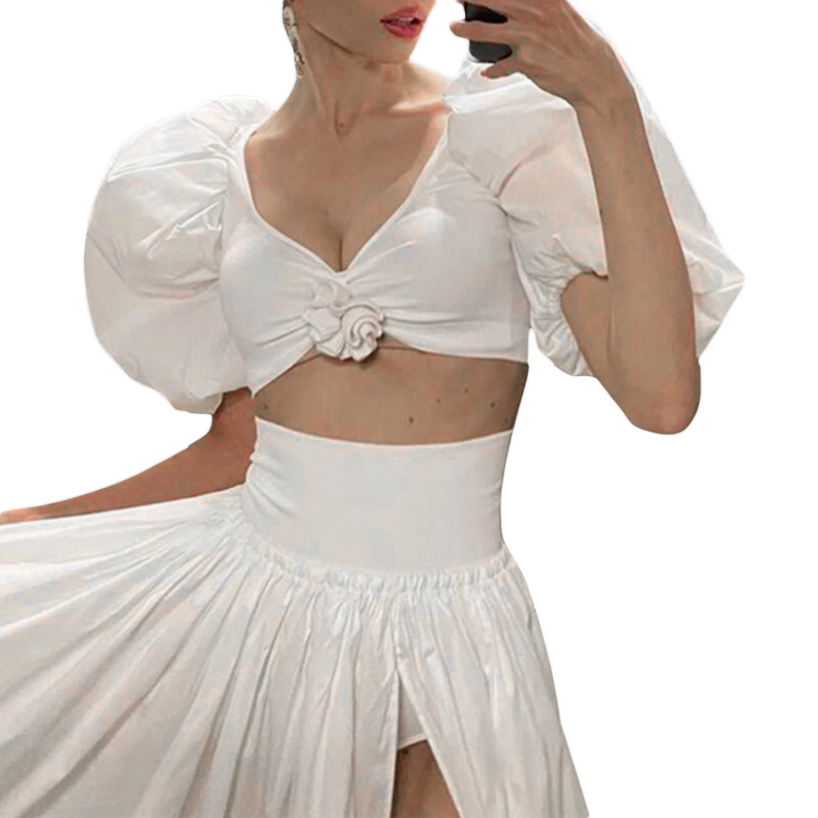 Women Sweet Puff Sleeve Blouse Sexy Solid Color Deep V-Neck Short Low-Cut Crop Tops for Summer
Women Sweet Puff Sleeve Blouse Sexy Solid Color Deep V-Neck Short Low-Cut Crop Tops for Summer