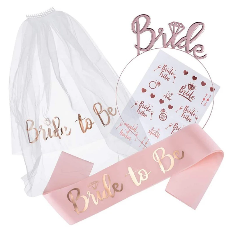 

1 Set Bride To Be Veil Satin Sash Hiarband Tattoo Stickers for Bridal Shower Wedding Decorations Hen Bachelorette Party Favor