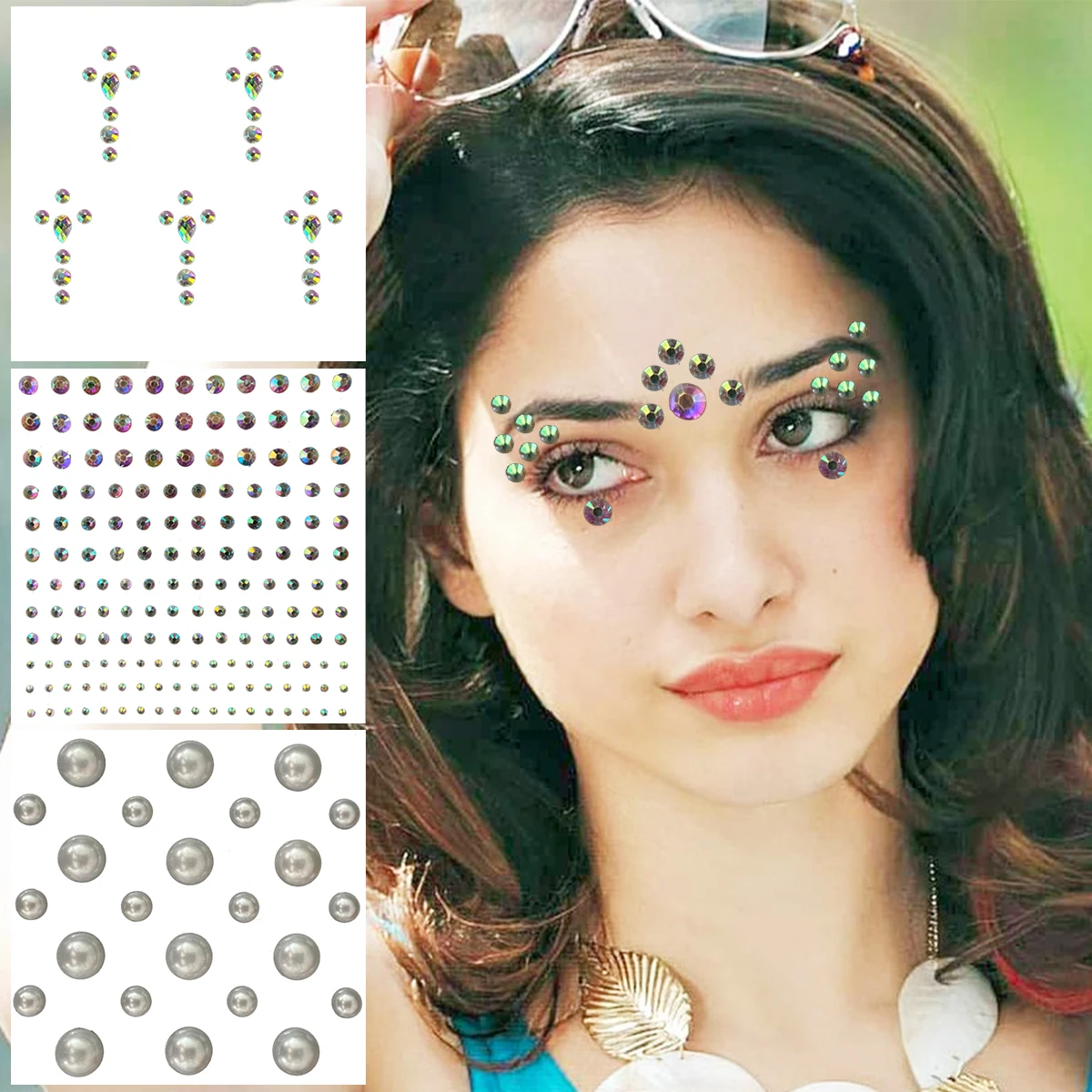 

Face Jewelry For Women Temporary Tattoos Eyes Forehead Rhinestones Gems Bling Pearl Dots Jewels Sticker Body Art Festival Makeup