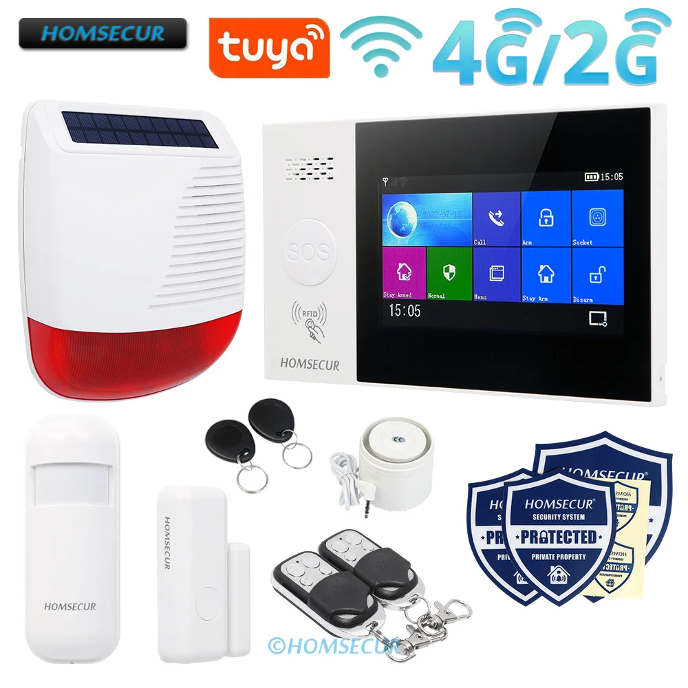 

HOMSECUR 433MHz Wireless WIFI 4G 2G RFID SMS Autodial Home Security Alarm System Tuya Solar Powered Flash Siren PIR Sensor