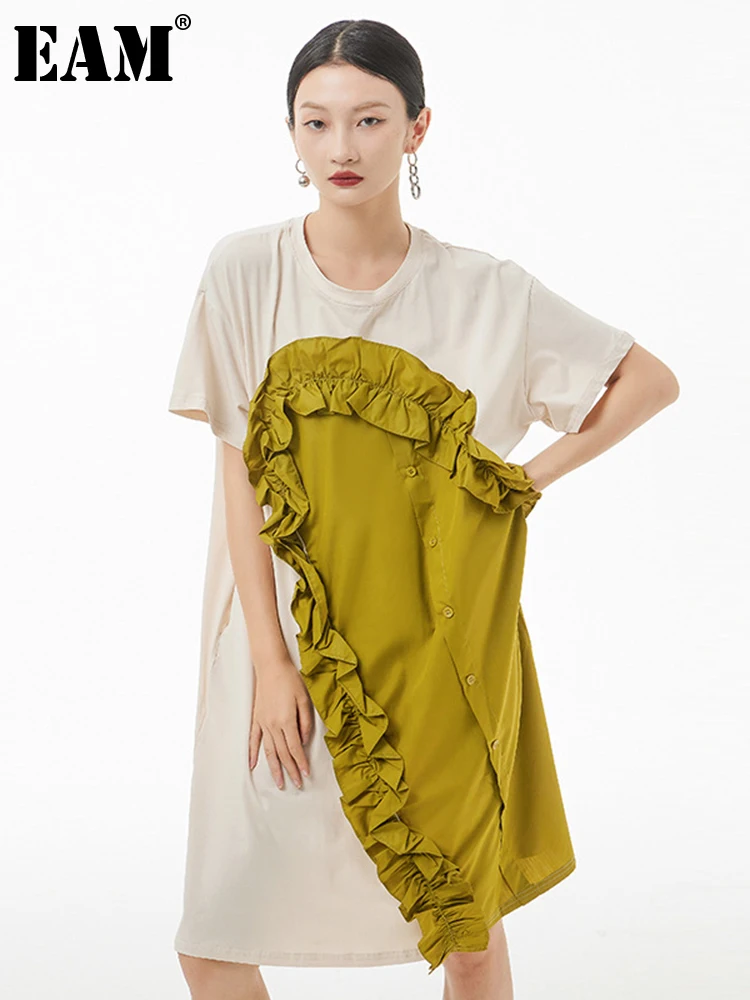 

[EAM] Women Apricot Ruffles Long Big Size Dress New Round Neck Short Sleeve Loose Fit Fashion Tide Spring Summer 2023 1DE8708