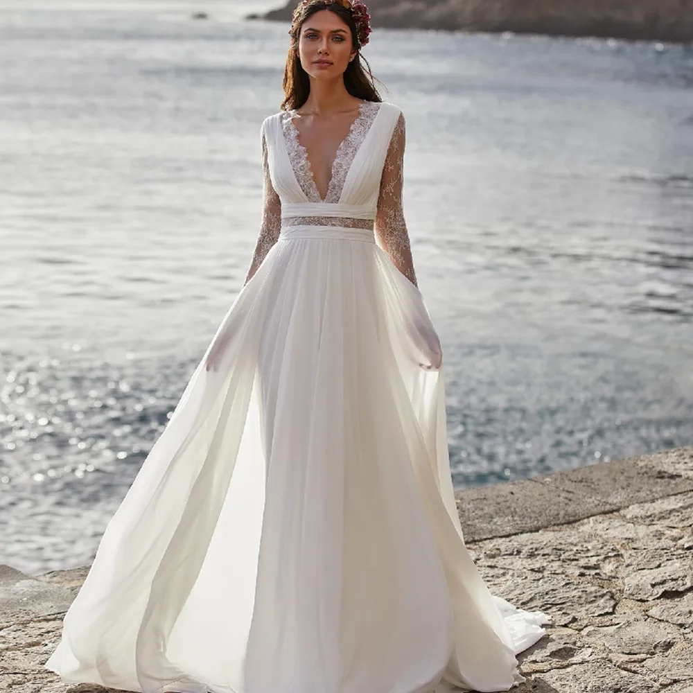 Elegant V-neck Wedding Dress 2021 Appliques Bridal Gown A-Line Button Long Sleeves Backless Beach Waistline Vestidos De Novia
Elegant V-neck Wedding Dress 2021 Appliques Bridal Gown A-Line Button Long Sleeves Backless Beach Waistline Vestidos De Novia