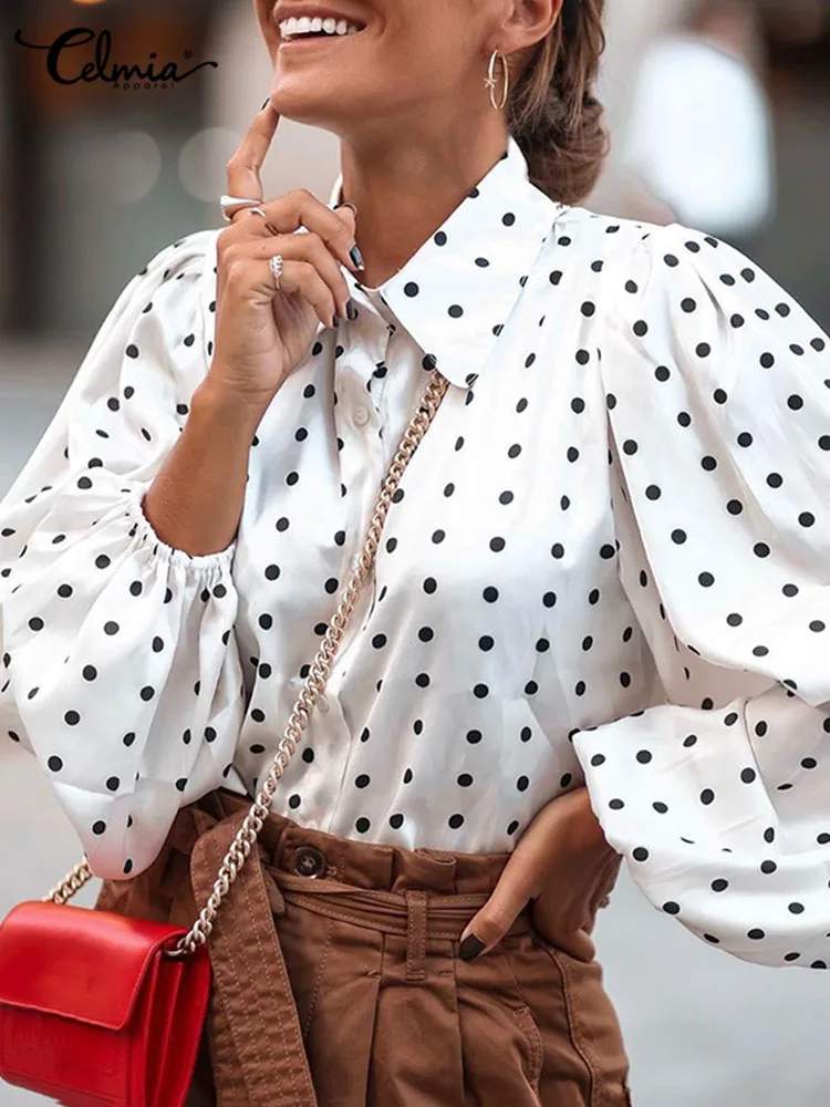 

Celmia Fashion Tunics Women White Shirts 2023 Summer Polka Dot Elegant Blouses Button Loose Long Lantern Sleeve Lapel Party Tops