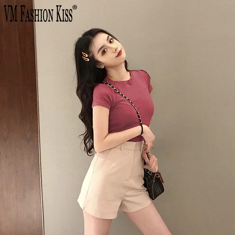 

VM FASHION KISS Solid Color Short-sleeved T-shirt Women's 2023 Summer New Korean Style Clothes Slim Student Bottoming Top