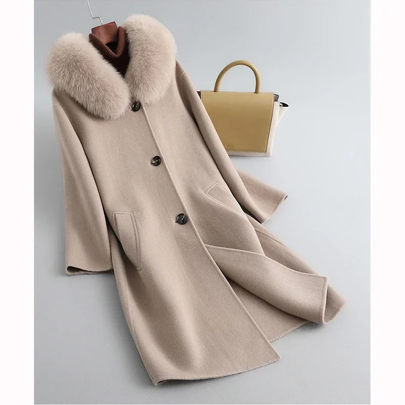 

Женское длинное шерстяное пальто, свободное зимнее классическое пальто из 100% натурального меха лисы с воротником, верблюжьей расцветки