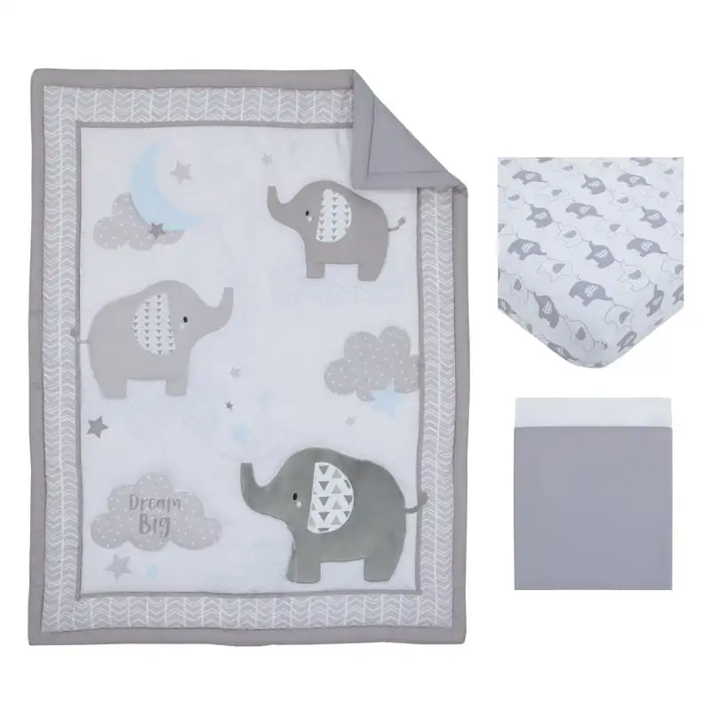 

Elephant Stroll Gray and White 3 Piece Nursery Crib Bedding Set, Comforter, Sheet, Crib Skirt,