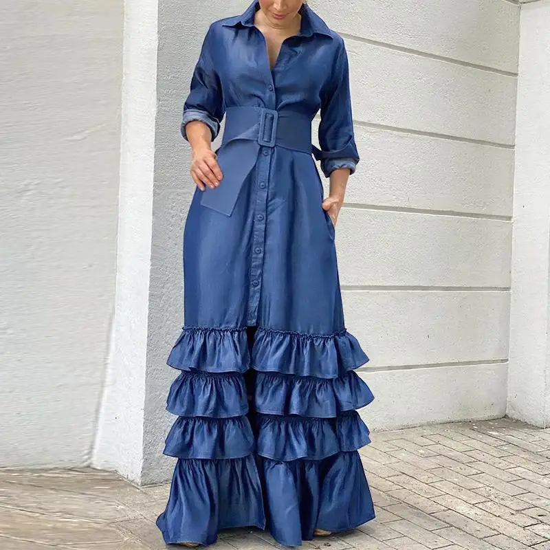 Women Elegant Solid Dress Turndown Collar Long Sleeve Party Maxi Dress Fashion Lapel Button Belt Ruffled Pleated Dress Vestidos
Women Elegant Solid Dress Turndown Collar Long Sleeve Party Maxi Dress Fashion Lapel Button Belt Ruffled Pleated Dress Vestidos