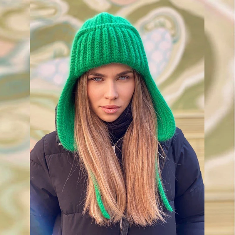 

Autumn Winter Ladies Knitted Hat Women Leisure Style Solid Color Flanging Tie Up Ear Protection Windproof Warm Cap Bomber Hats