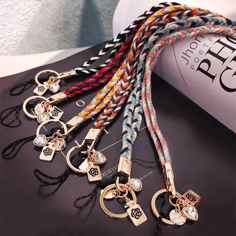 

Mobile Phone Lanyard Anti-lost Cotton Weave Long Phone Strap Hang On Neck Heart Charm Detachable Cord for Key Chain Working Card