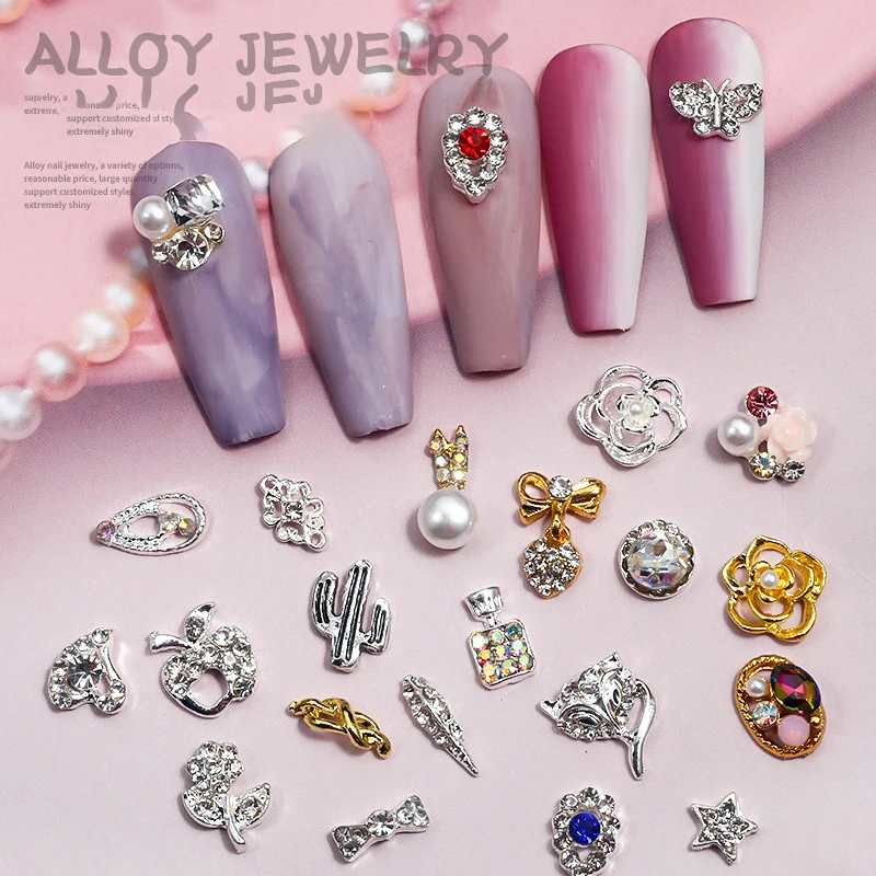 

10Pcs Nail Art Alloy 3D Charms Mix Designs Bulk Designer Charms Crystal Rhinestones,Pearl For DIY Jewelry Gems Metal Nail Decor