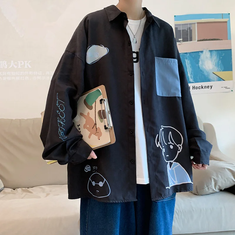 

Мужская рубашка с мультяшным принтом Harajuku, уличная одежда, блузки с отложным воротником, клетчатые корейские Топы с длинным рукавом, кардиг...