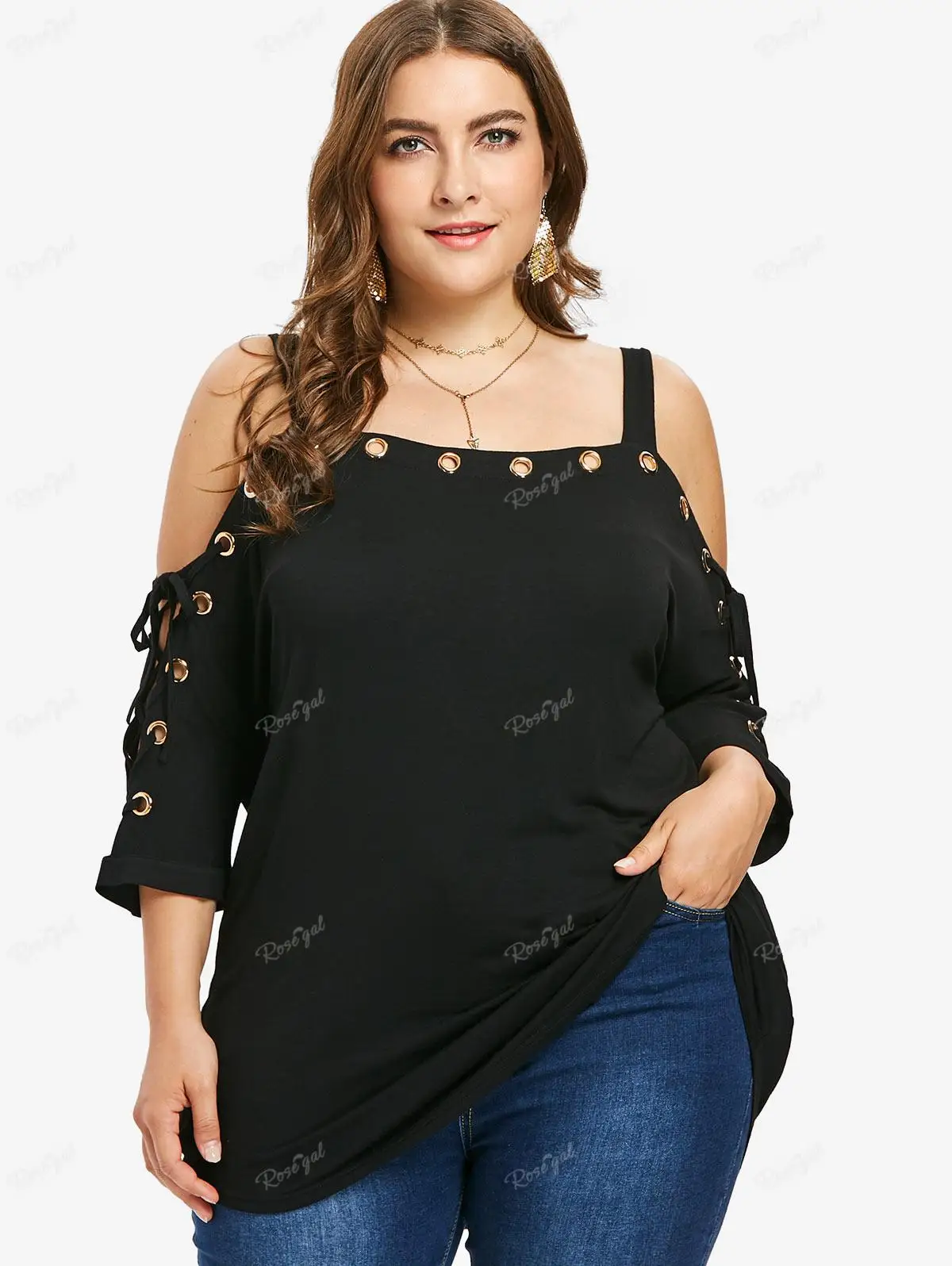 

ROSEGAL Plus Size Cold Shoulder Grommets Lace Up T-shirt 2023 New Women's Clothing Black Casual Strap Top