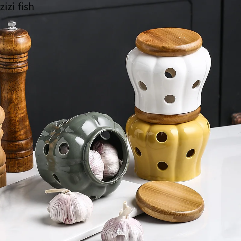 

CeramicStorage Container Garlic Ginger Jars Wooden Lid Refined Storage Tank Candles Jars Home Kitchen Solid Color Organizer Box