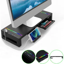 RGB 컴퓨터 모니터 스탠드 라이저 데스크, USB 3.0 포트, 키보드 마우스 보관 선반, 서랍 모니터 선반이 있는 스크린 랙