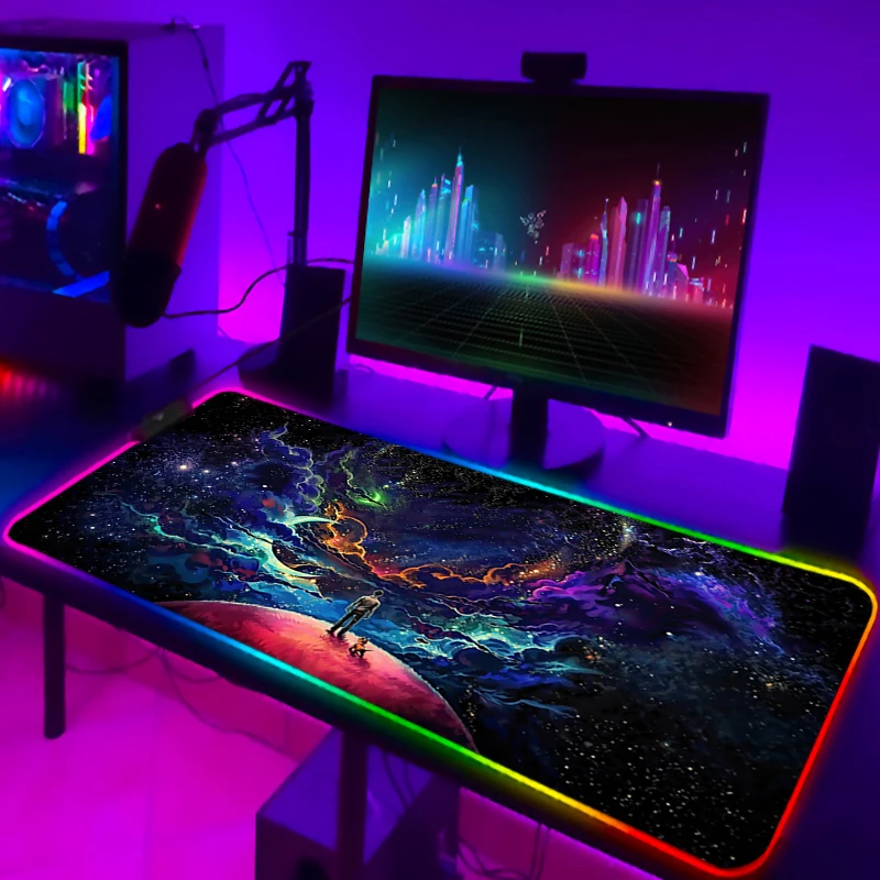 

Outer Space Laptop Gamer Luminous Desk Protector With Wire Gaming Mouse Mat Rgb Backlight Keyboard Pad Deskpad Anime Accessories
