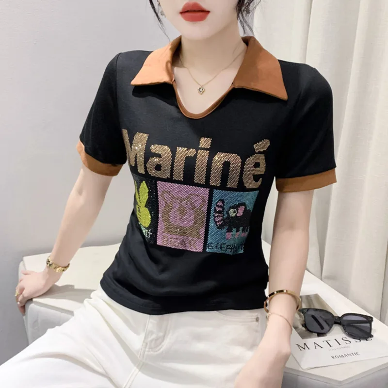 #6576 Summer Black White Beige Short Sleeve T Shirt Women Polo-Neck Letters Diamonds Sexy Short T-shirt Female Slim Retro Cotton
#6576 Summer Black White Beige Short Sleeve T Shirt Women Polo-Neck Letters Diamonds Sexy Short T-shirt Female Slim Retro Cotton