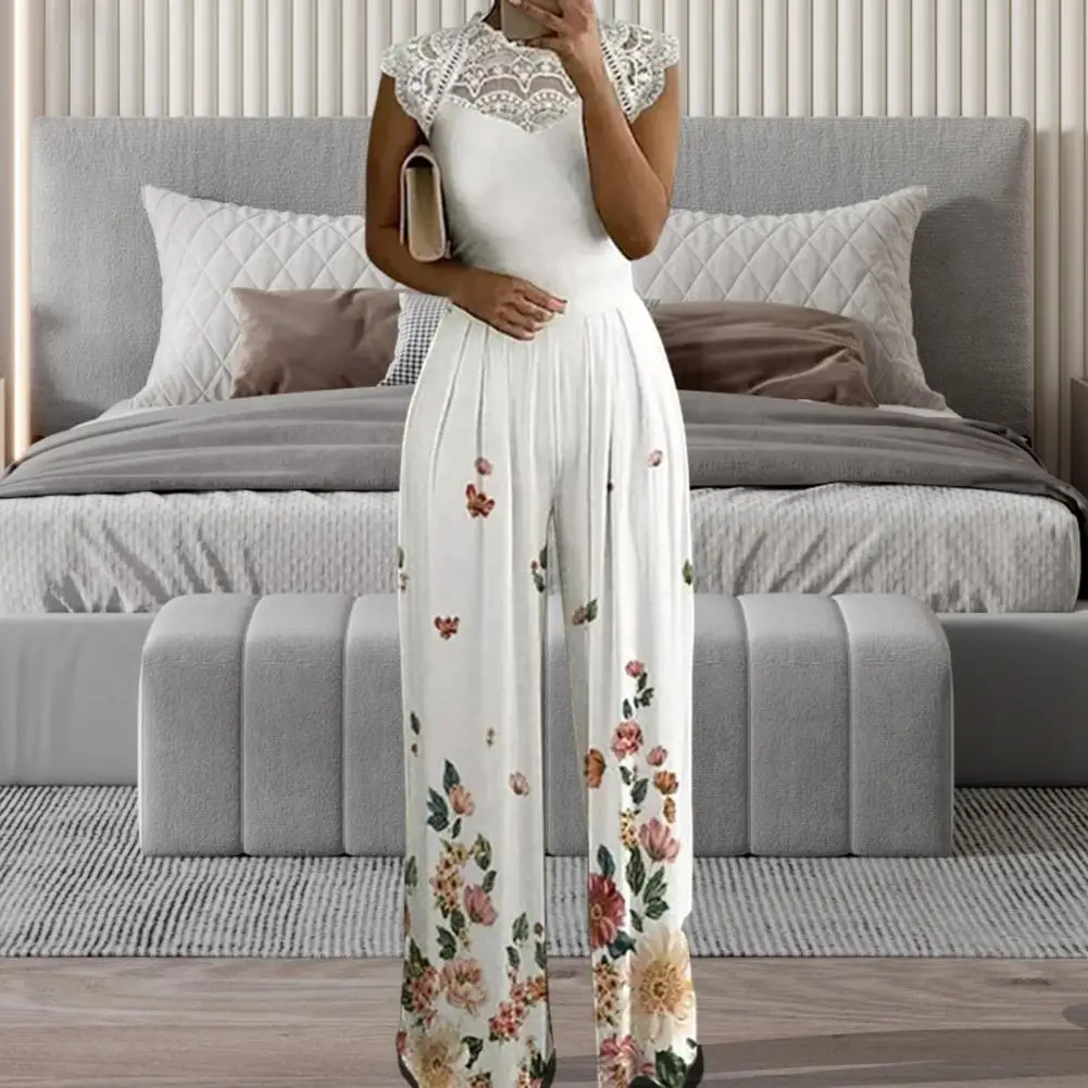 Summer Jumpsuit Sleeveless Soft Fabric Temperament Lace Flower Print Crew Neck Women Jumpsuit White Banquet Clothes
Summer Jumpsuit Sleeveless Soft Fabric Temperament Lace Flower Print Crew Neck Women Jumpsuit White Banquet Clothes