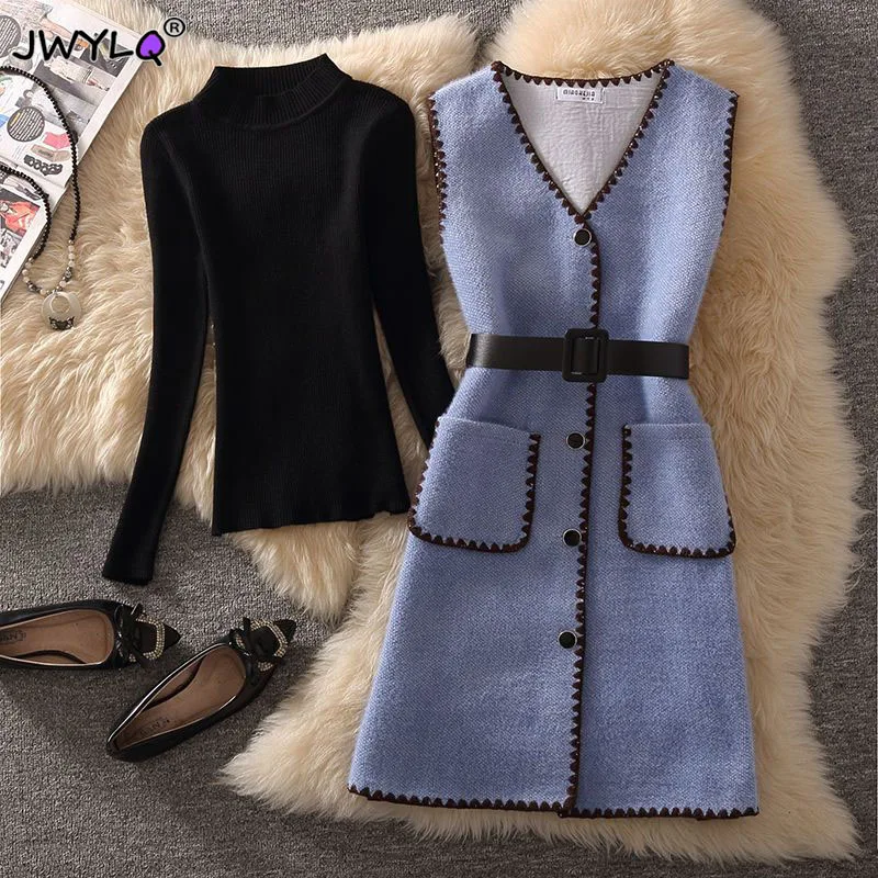 Mink Fleece Korean Mid-length Vest Sets Women 2 Piece Outfit Black Knitwear And Vintage Single Breasted Belted Sweater Waistcoat
Mink Fleece Korean Mid-length Vest Sets Women 2 Piece Outfit Black Knitwear And Vintage Single Breasted Belted Sweater Waistcoat