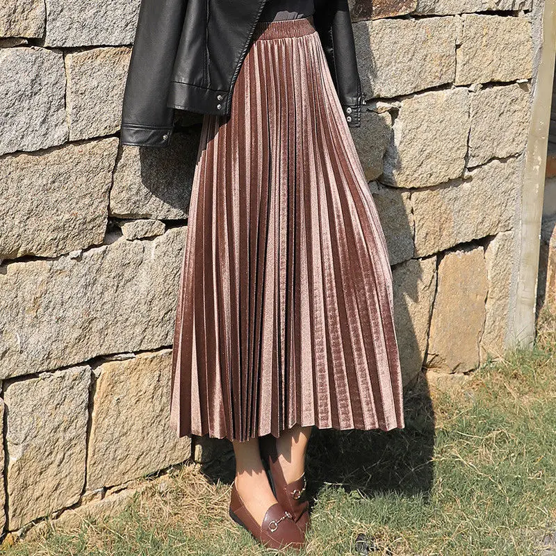 Women's Spring Autumn Gold Velvet Skirts Elastic High Waist Long Skirt for Women Office Lady Casual A-line Pleated Skirts Q209
Women's Spring Autumn Gold Velvet Skirts Elastic High Waist Long Skirt for Women Office Lady Casual A-line Pleated Skirts Q209