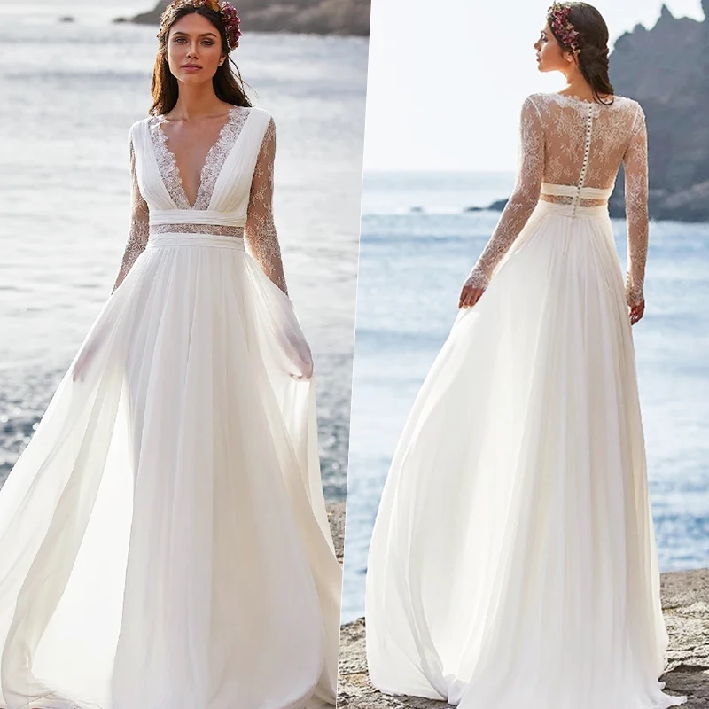 Beach V-Neck Chiffon Wedding Dress For Bride 2022 Lace Long Sleeve A-Line Bridal Dress Illusion Backless Buttons Robe De Mariee
Beach V-Neck Chiffon Wedding Dress For Bride 2022 Lace Long Sleeve A-Line Bridal Dress Illusion Backless Buttons Robe De Mariee
