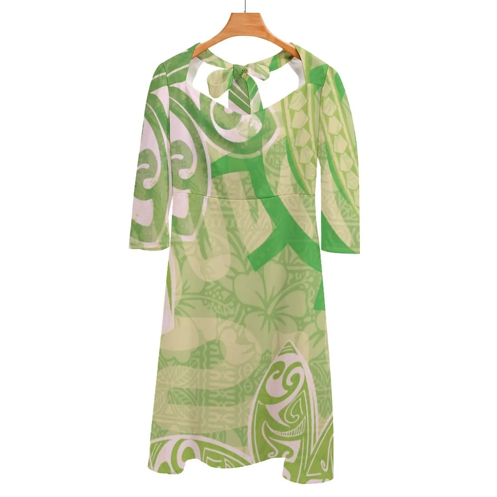 

Hawaiian - Samoan - Polynesian Tribal Green Print Back Lacing Backless Dress Square Neck Dress Sweetheart Knot Flared Dress