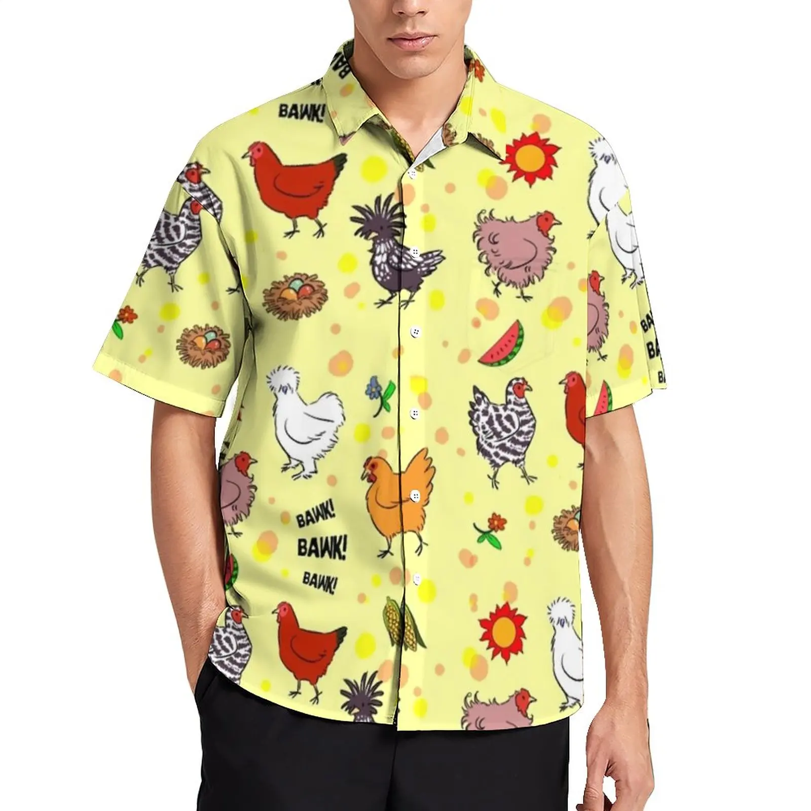 

Гавайская рубашка для отпуска с милыми животными, мультяшными цыплятами, повседневные рубашки с принтом, мужские трендовые блузки, топы с к...