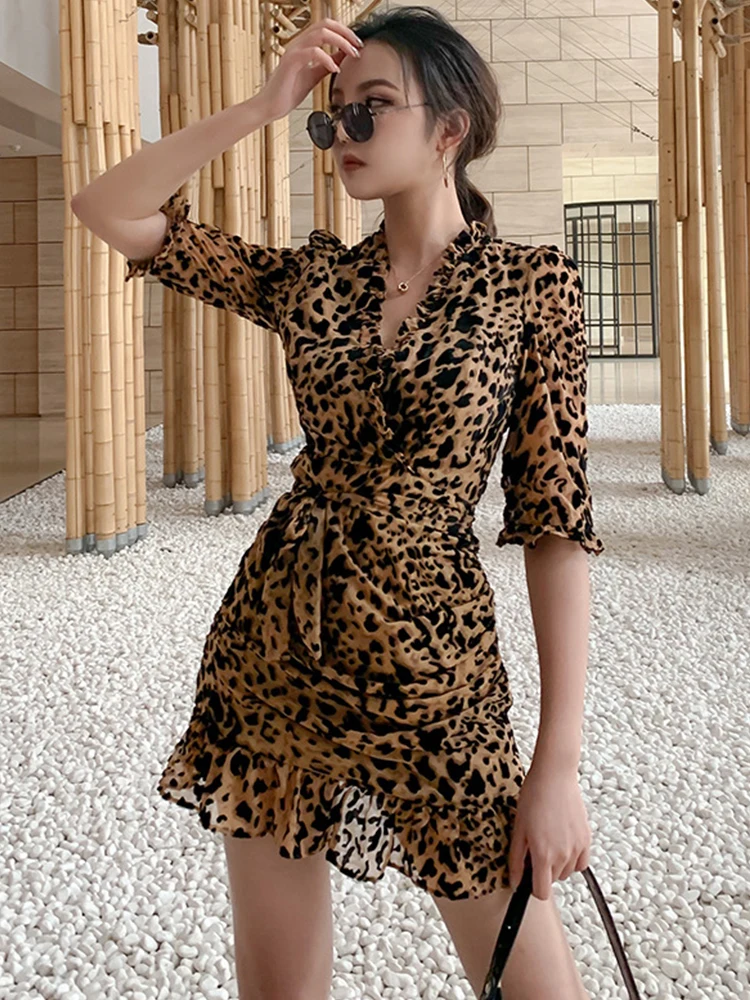 

Женское мини-платье с леопардовым принтом, повседневное облегающее Сетчатое платье с глубоким V-образным вырезом, Пляжное Платье для побережья, лето 2022