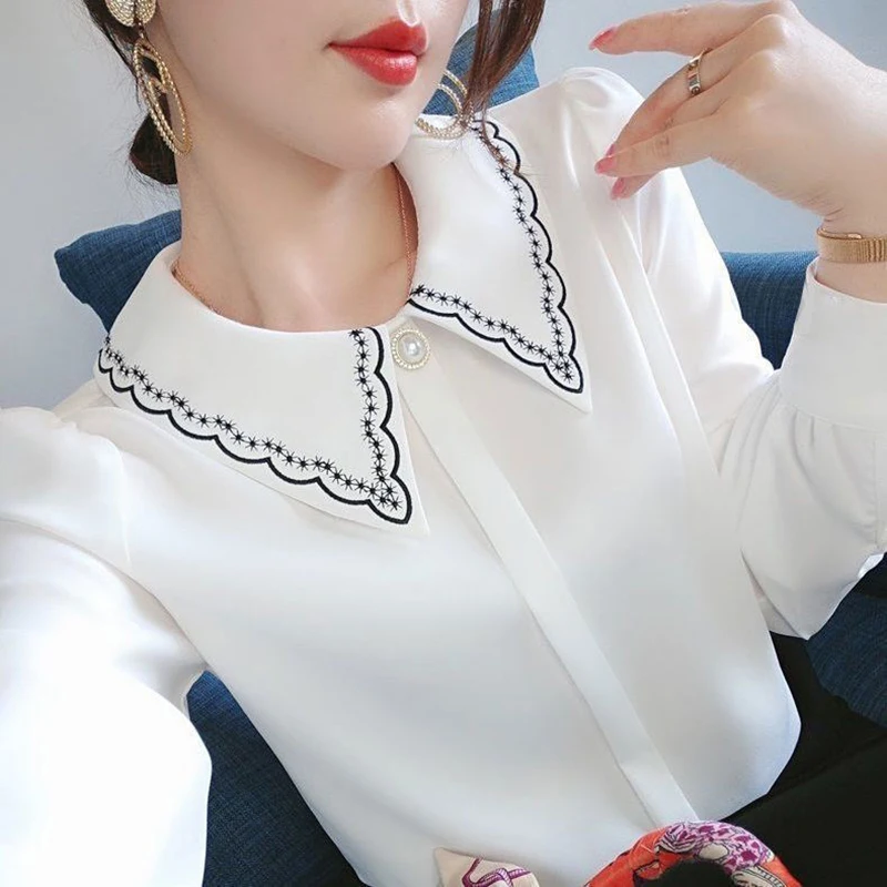 Spring Fall Elegant Chiffon Blouses Korean Kawaii Button Up Embroidery Collared Long Sleeve White Pink Sweet Office Shirts Tops
Spring Fall Elegant Chiffon Blouses Korean Kawaii Button Up Embroidery Collared Long Sleeve White Pink Sweet Office Shirts Tops